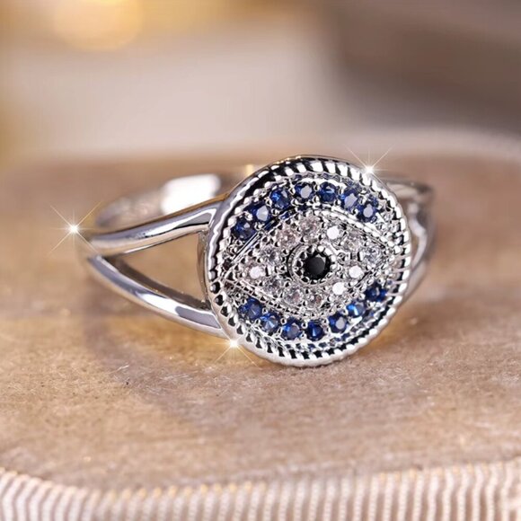 NEW 14k White Gold Blue Sapphire Evil Eye Diamond Ring - Picture 4 of 9